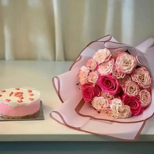 Pink Cake with Flower Bouquet