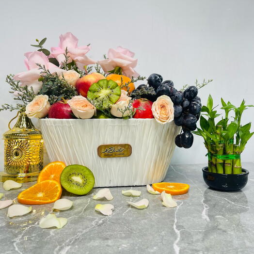 Fruit and Floral Basket with Apples, Oranges, Grapes and Roses