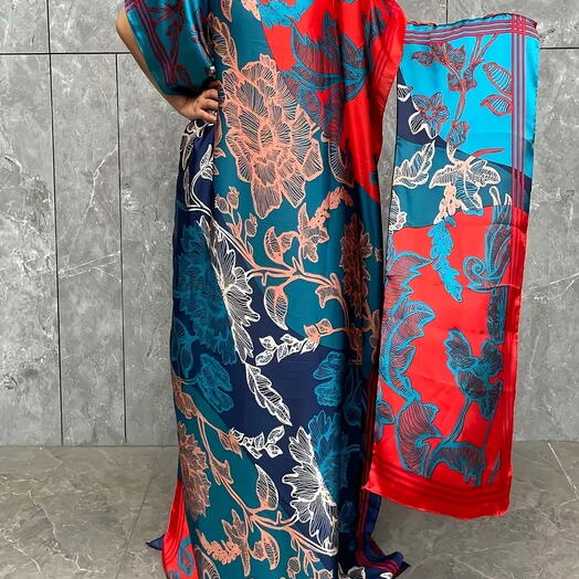 Floral Harmony – Two-Tone Kaftan with Matching Scarf