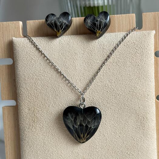 Комплект украшений сердце с одуванчиком,подарок девушке,на день рождение,сестре,подарок маме,подруге