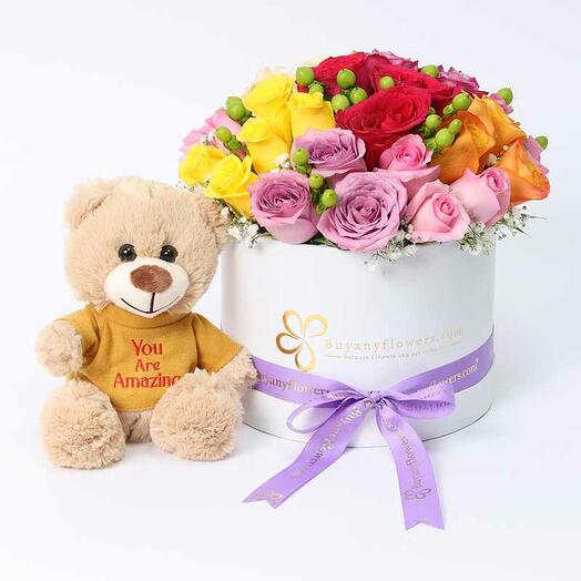 Vibrant 21 Roses and Teddy Bear