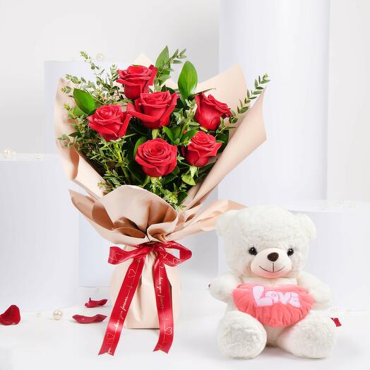 Love Expression Valentine 6 Roses With Teddy