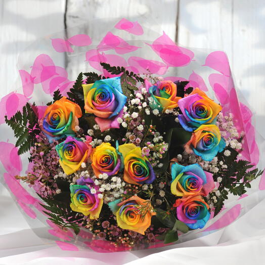 12 Rainbow Rose Fresh Flower Bouquet