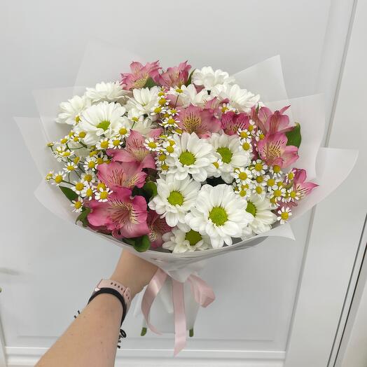 Полевой🌸 Нежный букет с ромашками, хризантемами и альстромериями (идеально для любимой девушки, жене, маме, мамочке)