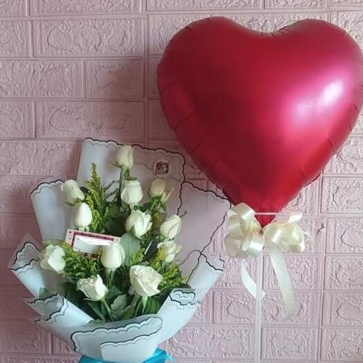 White rose bouquet with balloon
