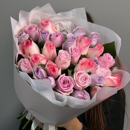 29 delicate roses, bouquet of pink and lilac roses