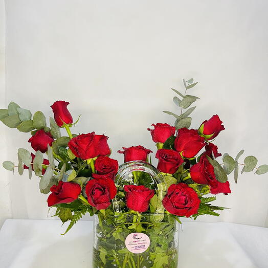 Basket Love: Glass Basket with 20 Stems of Red Roses and Eucalyptus