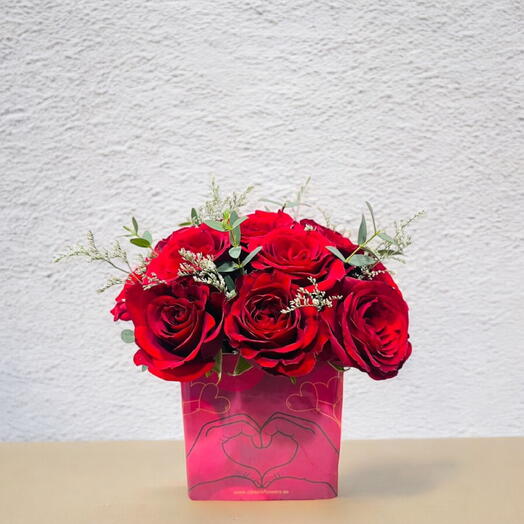 Valentine Special Glass Vase with 12 Red Roses and 2 Limonium Stems