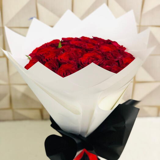 30 Red roses with white and black wrapping