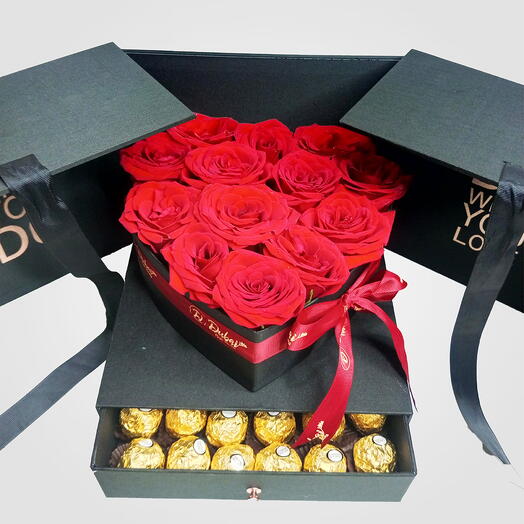 Elegant Red Roses Box With Chocolate