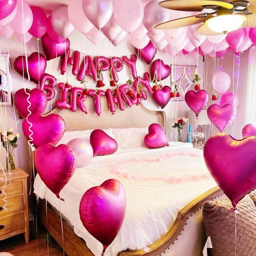 51pcs-16inch Hot Pink Happy Birthday Letter Foil Balloons   Latex Balloons Set, Hot Pink Heart Shaped Balloon