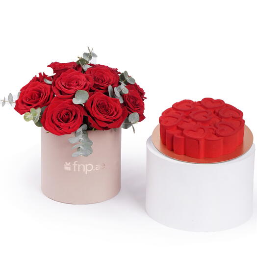 Red Roses in Box with Valentine s Red Velvet Cake Combo