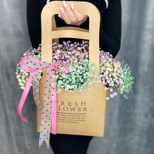 Gypsophila in a stylish handbag