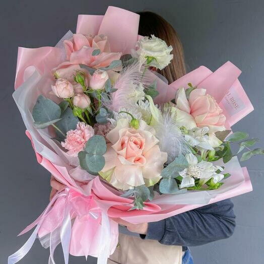 Pink bouquet with French eucalyptus roses and peony rose