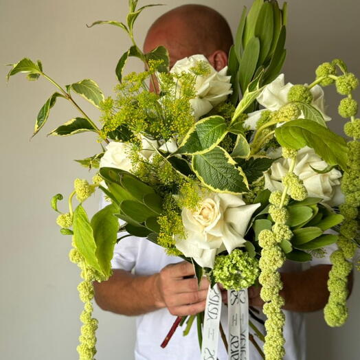 Bouquet with amarantus, rose and weigela