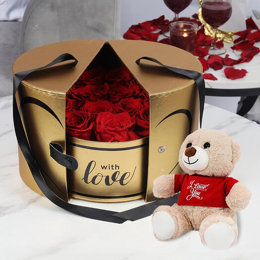 Golden Memories Red Roses Love Box and I Love You Teddy