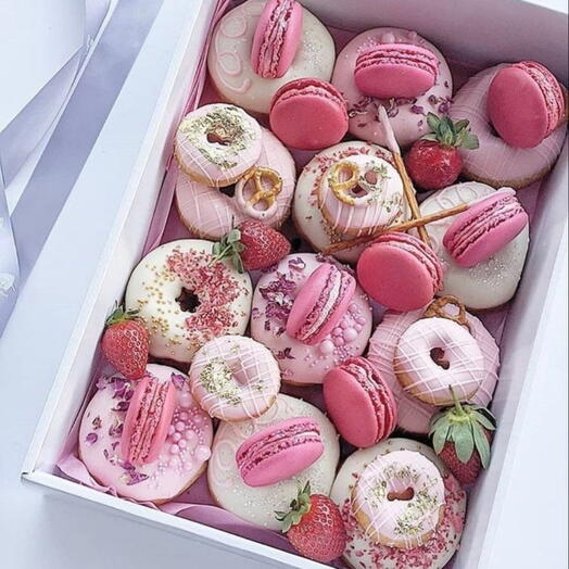 Doughnut, macrons   strawberries. Best budget friendly gift for lived ones