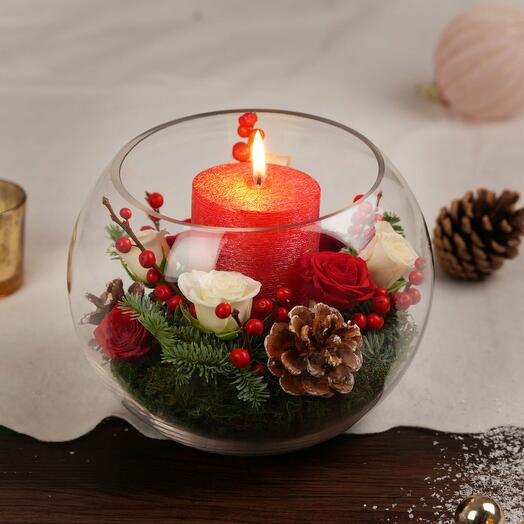 Christmas Candle Light Flowers in Glass Bowl