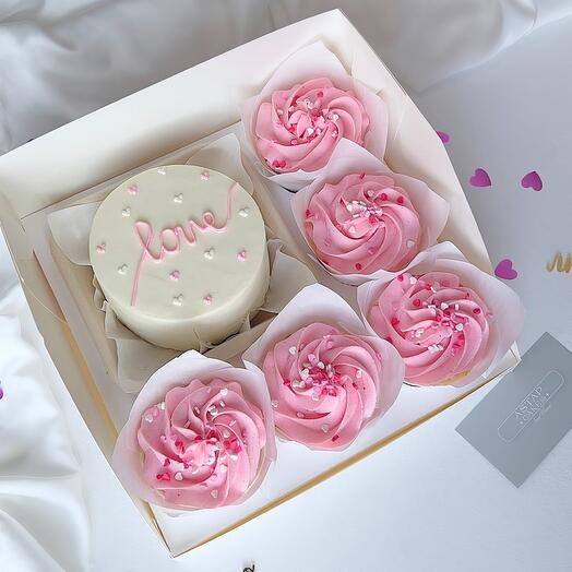Bento Cake and five Cupcakes Gift for February 14th Valentine's Day