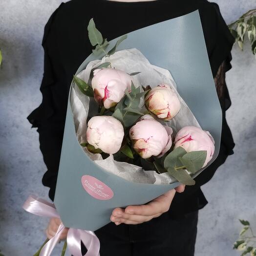 5 peonies with eucalyptus