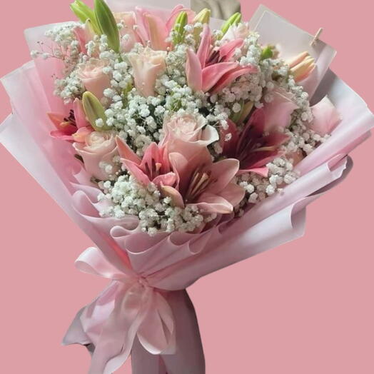 Pink Lilies and Gypsophila Bouquet