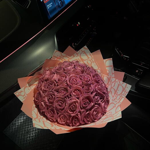 Luxury pink glitter roses wrapped in Dior