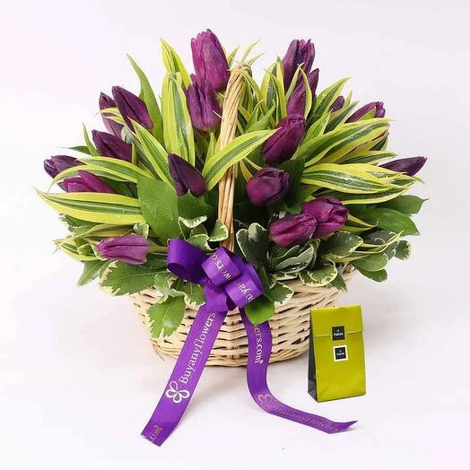 Purple Forest 25 Tulips Basket and Deluxe Patchi Chocolates