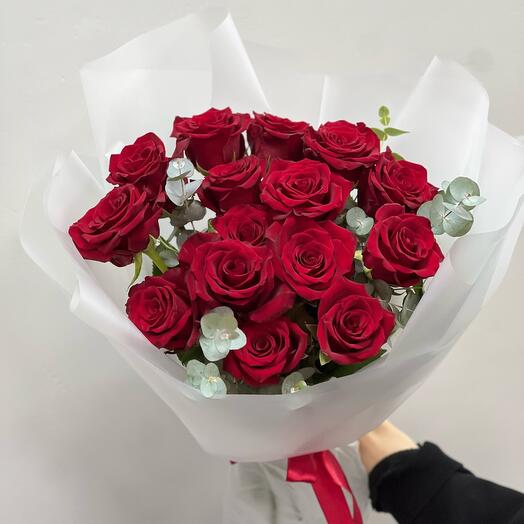 Stylish bouquet of red roses and eucalyptus "Asteria"