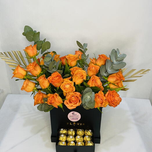Bucket Love: Black Box with 30 Orange Roses and 16 Ferrero Rocher Chocolates