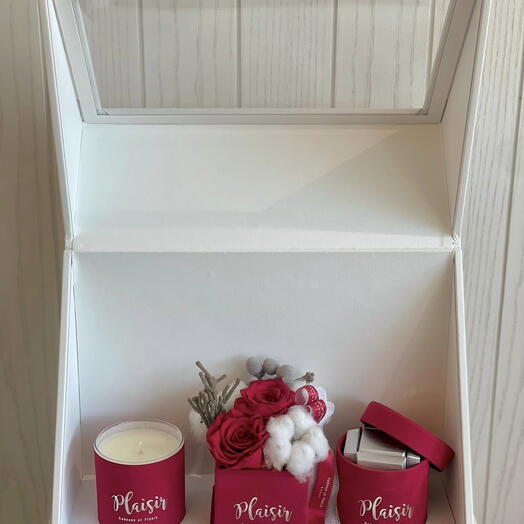 Trio Double Red Preserved Rose Candle and Chocolate Gift Set