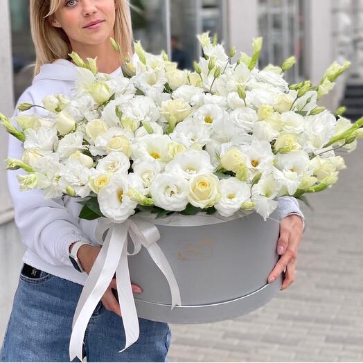 White lisianthus and white rose white box