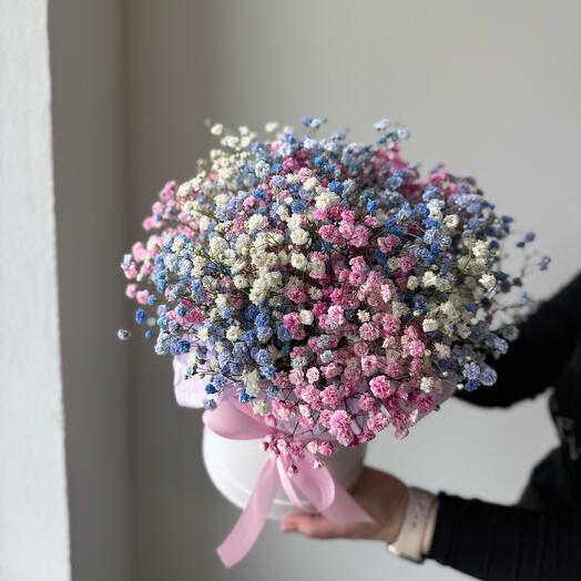 Разноцветные гипсофилы в шляпной коробке