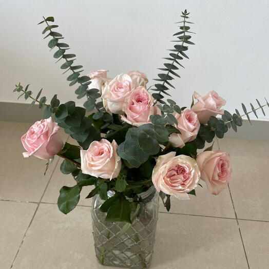 Bunch of Fragrant Ohara Roses and Eucalyptus