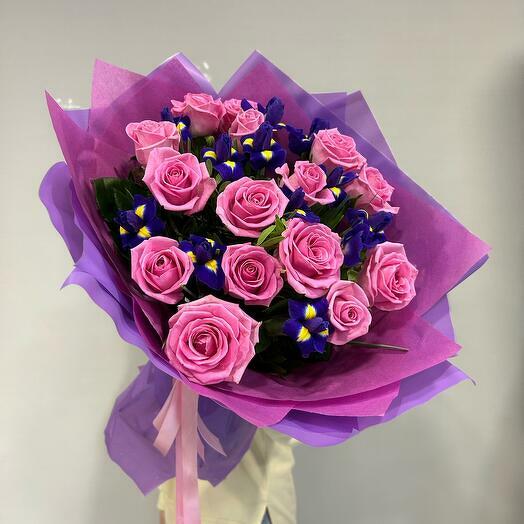 Pink Roses and Purple Irises