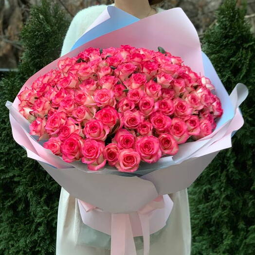 Bouquet of 101 Jumilia roses in packaging