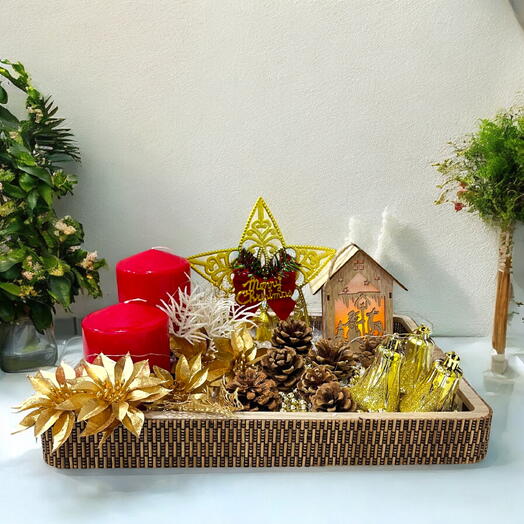 Elegant Christmas Hamper – Decorated Tray with Gold Accents and LED Light