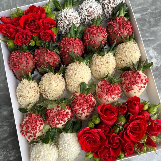 Chocolate covered strawberries + roses (color of roses may vary)