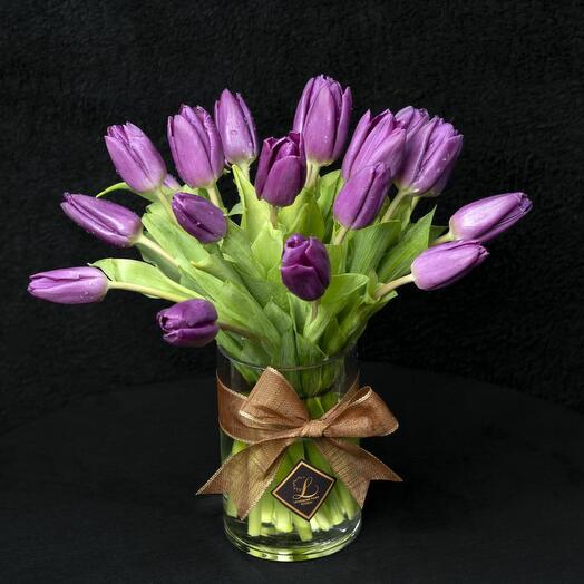 20 Purple Tulips in a Glass Vase