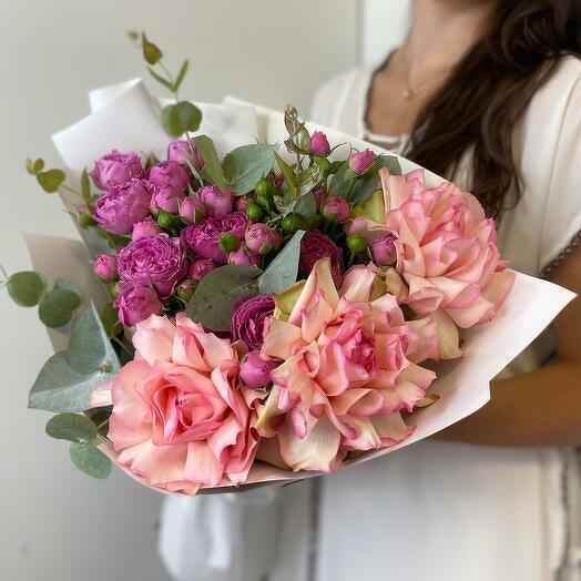 Bouquet of French Pink Roses and Peony Spray Roses