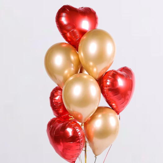 Фонтан воздушных Шаров 9 шт золото сердце красное. Set of helium balloons 9 pcs gold, red heart