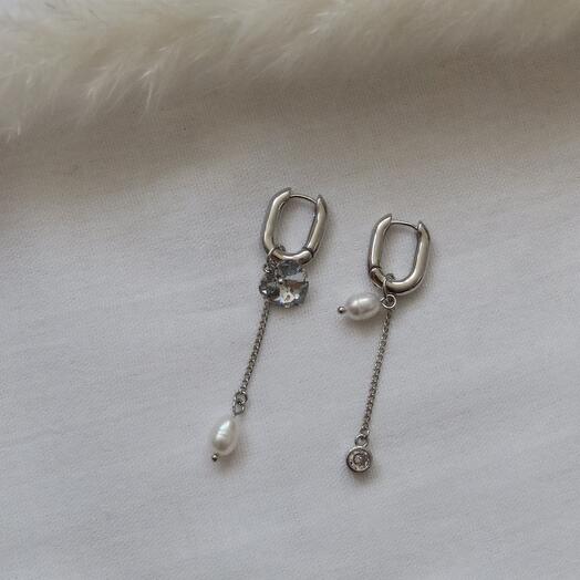 Серьги-трансформеры с подвесками (сердце Swarovski, речной жемчуг)