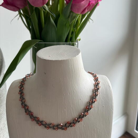 Gray Seed And Orange Bicone Beaded Necklace