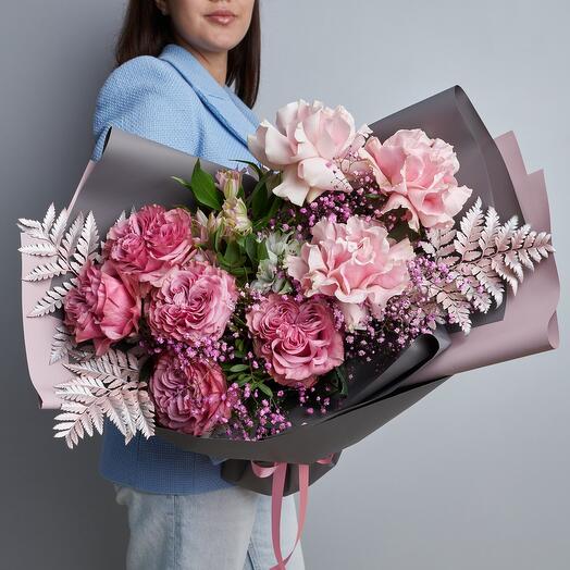 Original bouquet with peony and French rose "Pink Panther"