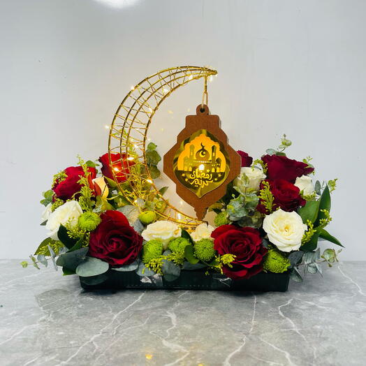 Red Roses and Floral Arrangement with Crescent Moon LED Light