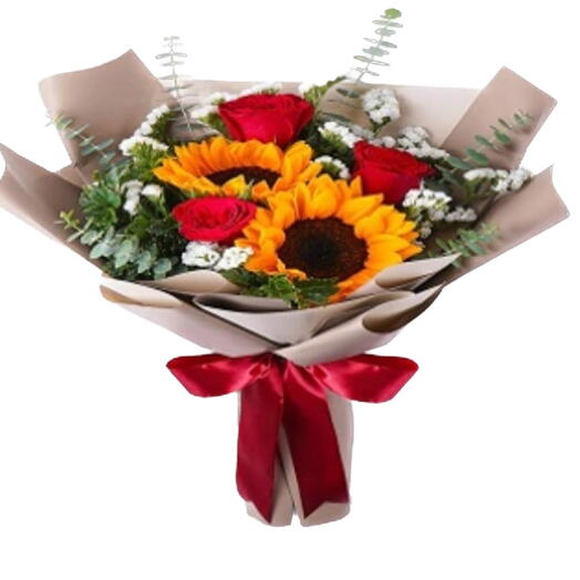 Floral Fusion: 3 Red Roses, 2 Sunflowers, 3 White Statice   Half Bunch Seasonal Greens