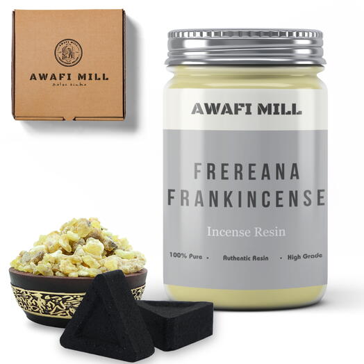 AWAFI MILL Frereana Frankincense Resin | Triangle Charcoal Tablet - Bottle of 100 Gram with 20 Charcoal Piece