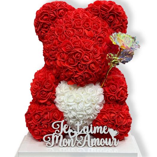 Ourson en rose rouge 40 cm