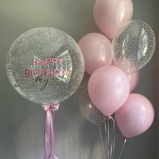 Набор шаров с надписью "Happy birthday"в розовых оттенках