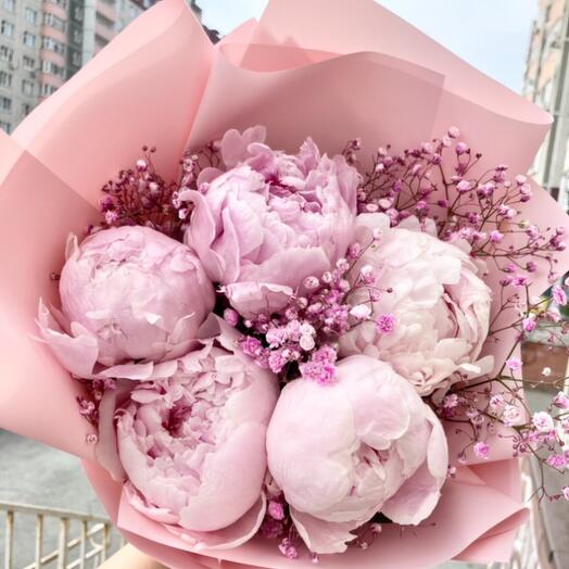5 peonies by Sarah Bernhardt (France) with a soft pink gypsophila