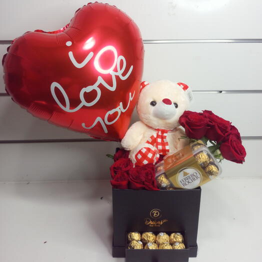 Red Rose N Teddy Bear with Balloon - Trinity Box